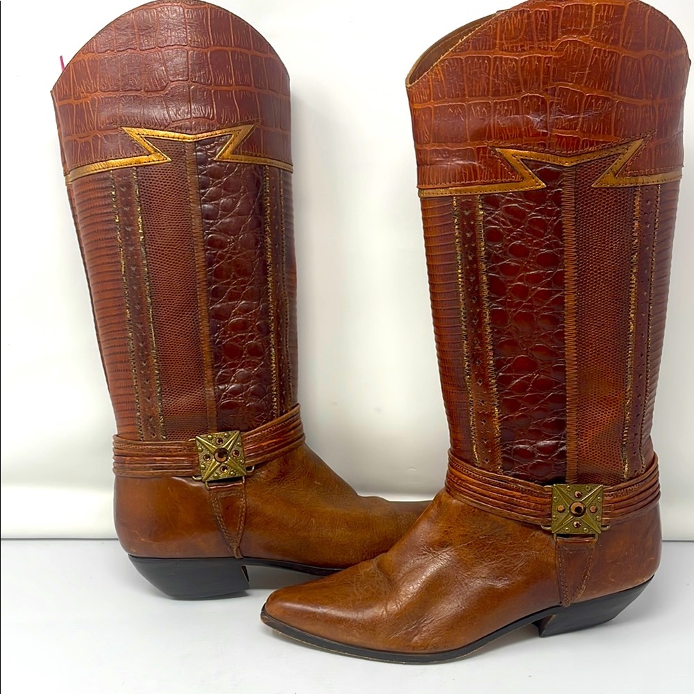 Vintage Rare Circle S Tan Brown Leather Tara Iguana Cowboy Western Boots
